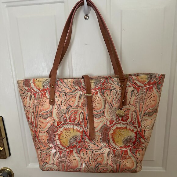 Brahmin Large Leather Tote Orange Yellow Discontinued Pattern from 2013/2014 - Picture 1 of 9